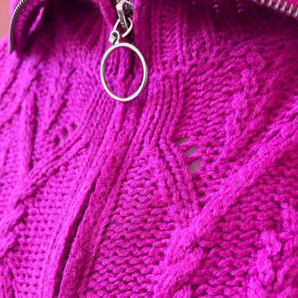 Pink Rose soft cozy fuchsia Barbiecore oversized cable knit zip sweater NWT XL - Picture 4 of 8